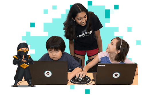 Partners scene: teacher teaching coding to 2 students